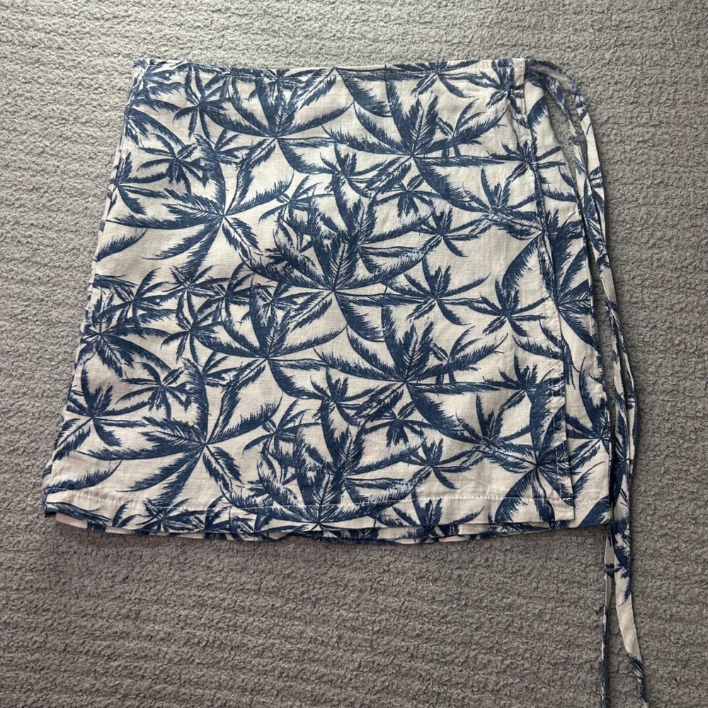 BDG Urban Outfitters Linen Wrap Mini Skirt Blue Palm Tree S Coastal Boho Beach